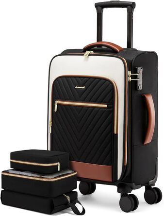 LOVEVOOK Набір валіз ручної поклажі: ручна валіза, середнього розміру, 20 дюймів, з відділенням для ноутбука 17 дюймів, легка, для жінок, подорожі, ділові поїздки, чорний, білий, коричневий