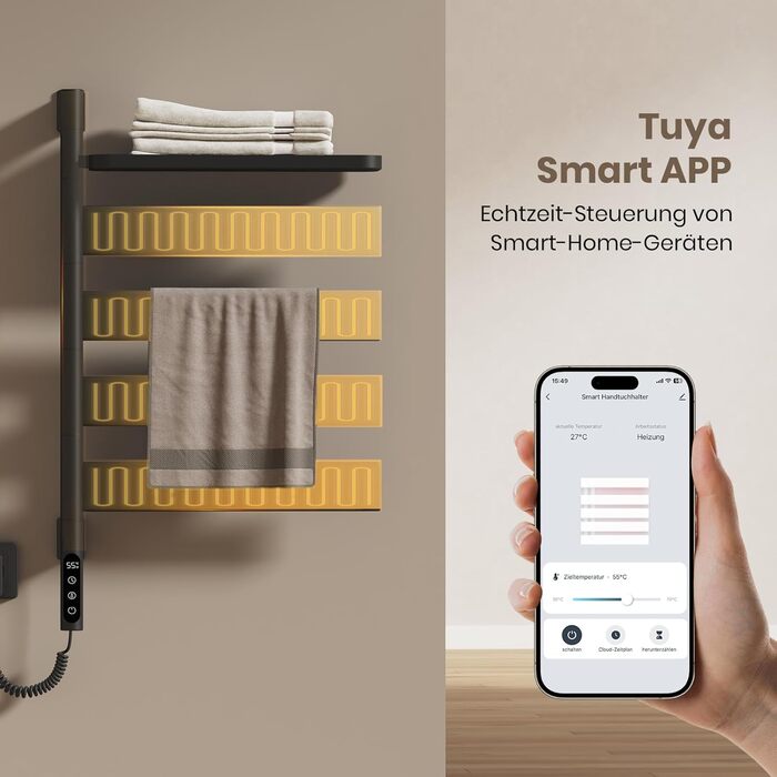 Електричний сушильник для рушників EMKE 180° з полицею, Wifi, 120W, 760x450 мм, чорний