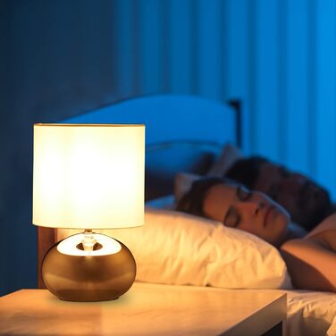 Настільна лампа Relaxdays, кругла приліжкова лампа з сенсорним управлінням, HxD 27,5 x 18 см, E14, настільна лампа з тканинним абажуром, сріблястий/білий