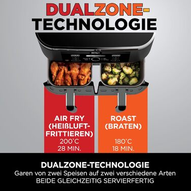 Фритюрниця повітряна Ninja Foodi Dual Zone AF200EU, 7.6 л, 4-в-1, чорна, з 2 зонами, антипригарне покриття