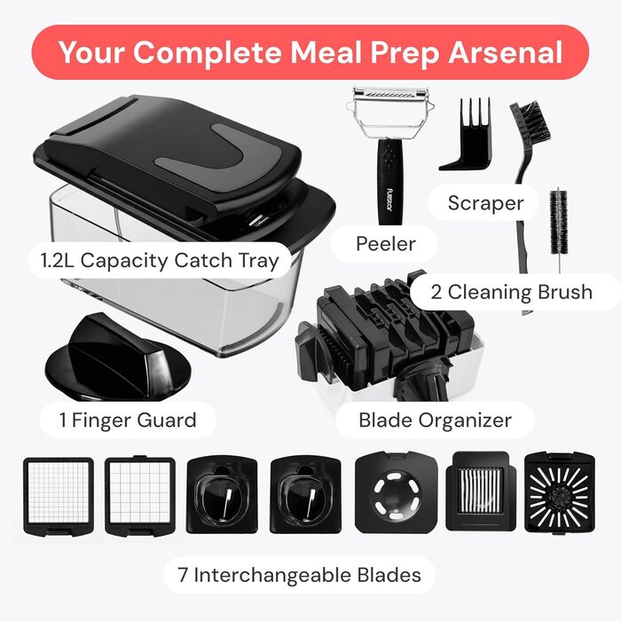 Набір для нарізки овочів та фруктів 9-в-1 (чорний) – нарізач, спіралізатор, тертка для овочів та фруктів