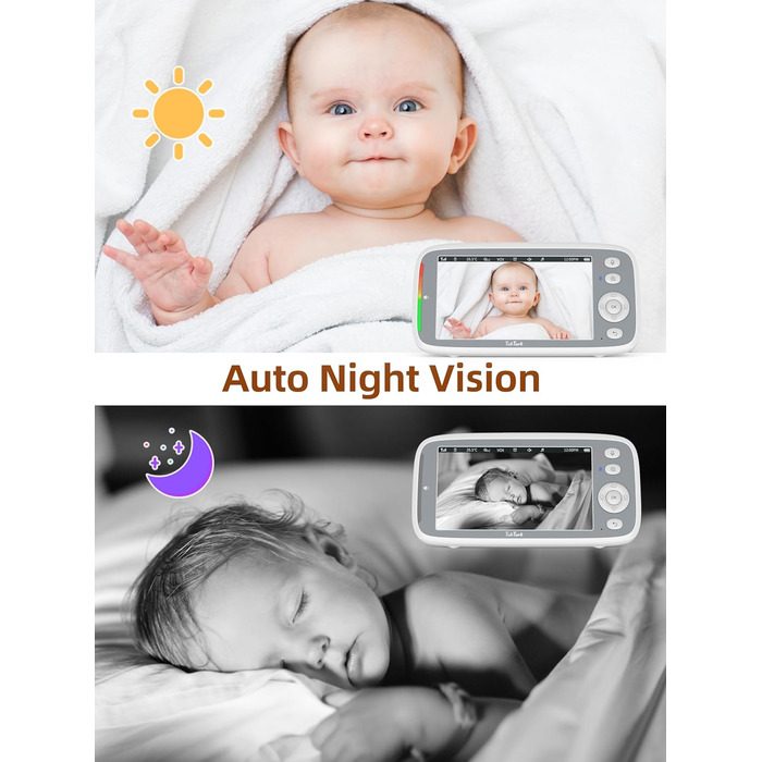 Відеоняня TakTark з камерою 5'' 720P IPS, поворот Pan-Tilt 300°, двосторонній зв'язок, нічний режим та моніторинг температури, VOX