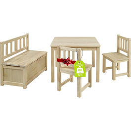 Дитячий меблевий набір Bomi Anna: стіл, 2 стільці та лавка-сховище | Меблі для дитячої кімнати з FSC сертифікованого дерева | Білий (натуральний)