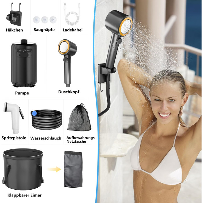 Портативна душова кабіна для кемпінгу з акумулятором 8000mAh, насосом та відром, комплект для відпочинку на природі, туризму, миття авто та тварин
