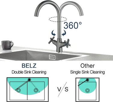 Змішувач для кухні BELZ з подвійною ручкою, обертається на 360, латунь хром (gunmetal)