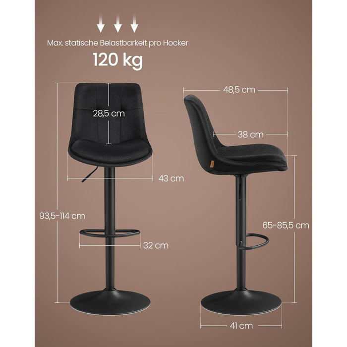 Барні стільці VASAGLE 2 шт. регульовані по висоті, обертаються, зі спинкою та підставкою для ніг, для кухні, їдальні, бару, сталь, LJB195G02 (Чорний, Велюр)