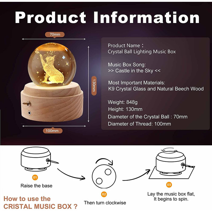Музична шкатулка з кришталевою кулею BIAOQINBO, музична шкатулка зі склом 3D K9, що обертається дерев'яна підставка, нічник з проекцією, подарунки для дружини