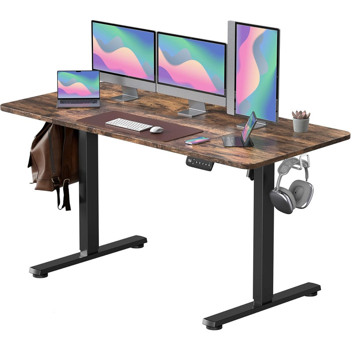 Електричний регульований стіл 160x60 см з пам'яттю та захистом від зіткнень, ролики, з'єднувальна панель, чорний каркас/коричнева стільниця