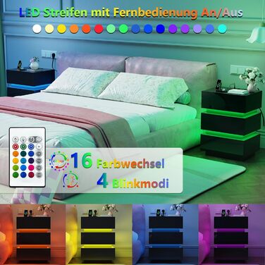 Нічний столик з розеткою та LED, нічний комод з функцією зарядки та USB, 2 шт. (45x35x46/62 см, чорний)