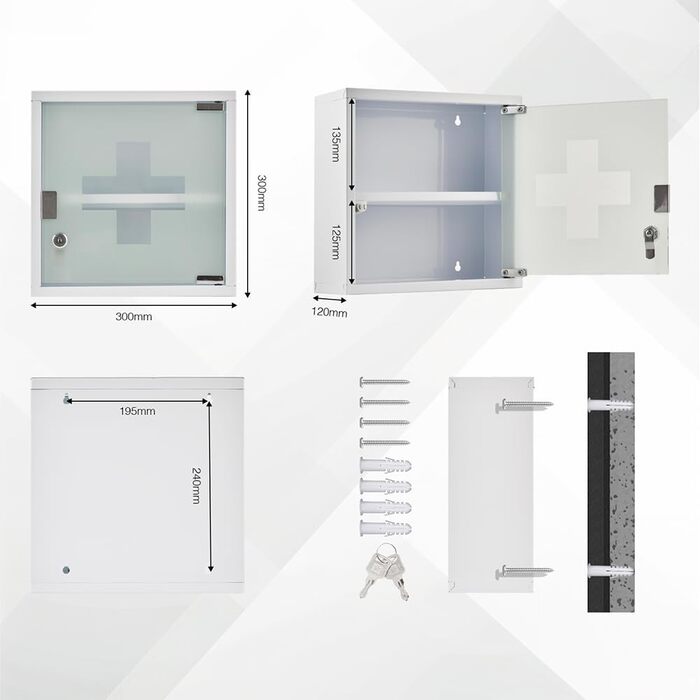 Медичний шафка Zedelmaier з нержавіючої сталі, 4 відділення, аптечний шафка, для ванної кімнати, навісний, з замком, 57 x 27 x 12 см, білий