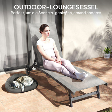 Шезлонг для відпочинку, спинка з 5 рівнями регулювання, дихаюча тканина, алюмінієвий каркас, темно-сірий колір, розміри 195 x 66 x 34 см