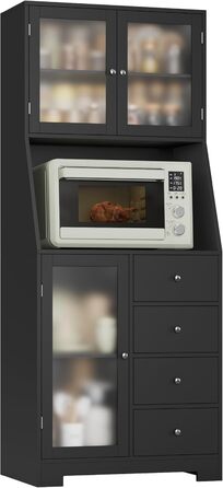 Кухонна шафа HOCSOK 163 см з робочою поверхнею, буфет, шафа для зберігання продуктів, 3 двері та 4 шухляди, висока шафа для кухні, вітальні, їдальні, бару, білий (чорний)