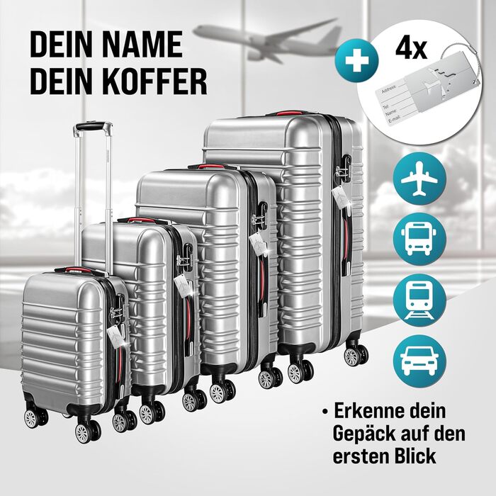 Набір валіз Monzana® 4 шт. з замком, органайзером, вагами та ременями. Валізи з жорсткою конструкцією S-M-L-XL (Срібний)
