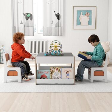 Детский стол со стульями COSTWAY 3 в 1, деревянный стол для рисования с ящиком, комплект детской мебели для детей от 3 лет, столешница с покрытием (Натуральный, Комбинированный)