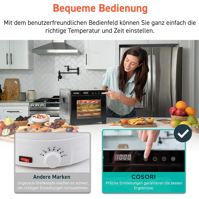 COSORI Дегідратор продуктів з 50 рецептами, 6 піддонів, 3 сітки, 3 килимки, площа 0,6 м², таймер 48 год, LED-дисплей (35°-75°C), 650W, сірий