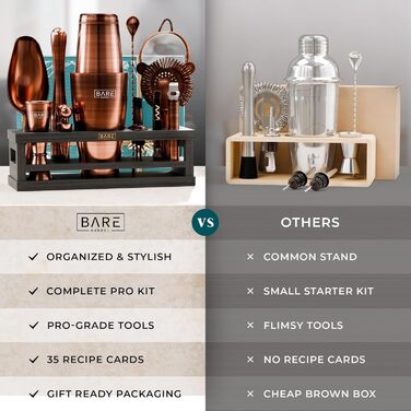 Набір бармена BARE BARREL® Mixology: 16 предметів для приготування коктейлів | Шейкер Boston, Мартіні, 35 рецептів | Преміум якість, мідь/чорний