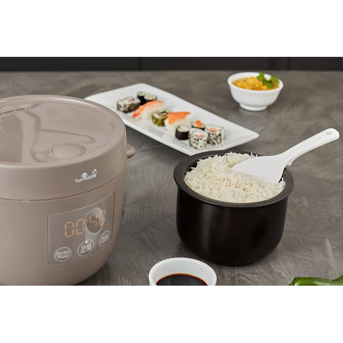 Керамічний рисоварка Yum Asia Tsuki Mini (2,5 чашки, 0,45 л), 5 функцій приготування рису, 2 функції мультиварки, LED-дисплей, 220–240V (Сірий)