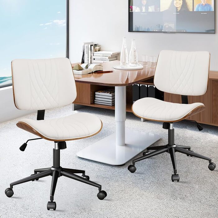 Крісло офісне без підлокітників Clatina з роликами, регульоване по висоті, шкіряне, поворотне, для комп'ютера, середньою спинкою, сучасний стиль горіхового дерева, для home office, робочого кабінету, конференц-залу, біле (білий, набір 4 шт.)