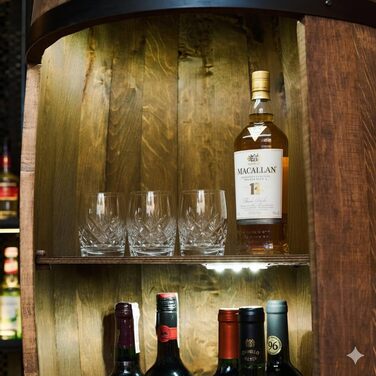 Дерев'яний бар з полицями для вина CREATIVE COOPER Fass - LED підсвітка, 80x50 см, стилістика рустік