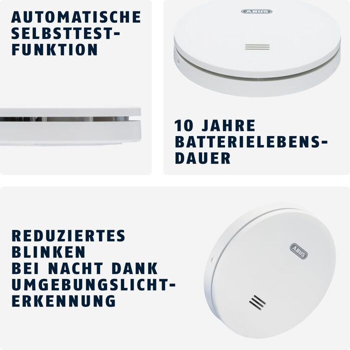 Датчик диму ABUS RWM160 з батареєю на 10 років, сертифікований Q-Label та DIN EN 14604, приглушене світло вночі, білий (упаковка 5 шт.)