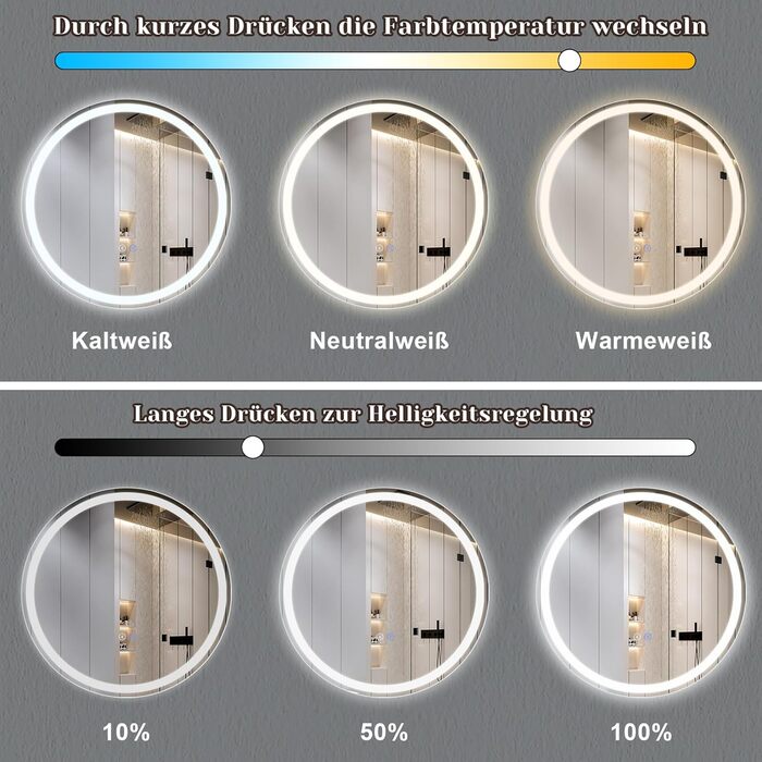 Дзеркало для ванної кімнати Mursche з підсвічуванням LED, 50x70 см, IP44, сенсорний вимикач, годинник, антизапар, регулювання яскравості 3000K-6500K