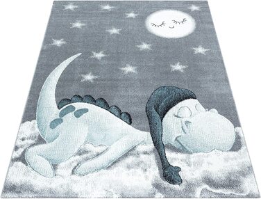 Дитячий килимок з малюнком милого динозавра, прямокутної форми, синього і сірого кольорів, висота ворсу 10 мм, підлога з підігрівом, відповідний для дитини