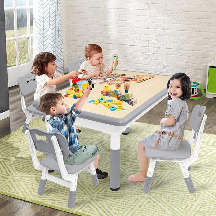 Дитячий стіл з 4 стільцями AufuN, регульована висота, комплект для дитячої кімнати, садка, класу. Легко миється, пластикові меблі (сірий)