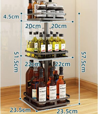 Обертається на 360 підставка для спецій лінива Сьюзен з нержавіючої сталі чорний стильний кухонний стелаж, підставка для стільниці зручний тримач для спецій підставка для спецій для зберігання банок і приправ (квадратна, 3-поверхова)