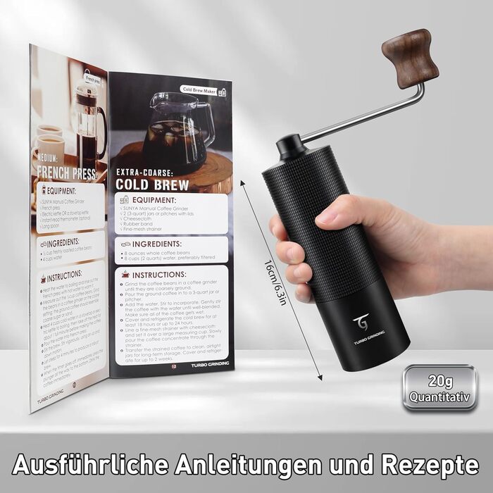 Ручна кавомолка SUNYA MCG-02 з кегульним жорном, збірник рецептів, нержавіюча сталь, дерев'яний ручка