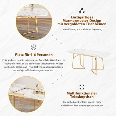 Розсувний обідній стіл Merax, овальний з імітацією мармуру, 140/180 x 80 см, на 4-6 осіб, мармур+золото
