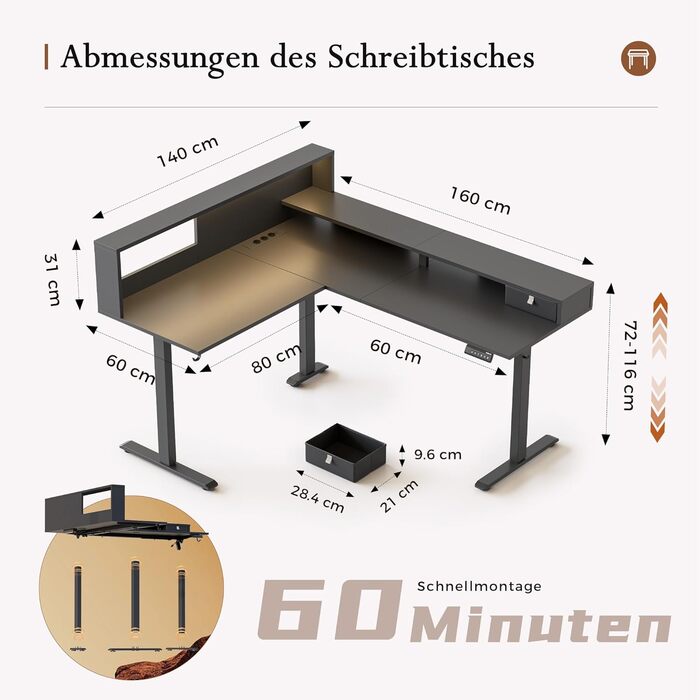 Електричний кутовий стіл Klicelor з регулюванням висоти, L-подібний стіл для стоячи роботи з 3 функціями пам'яті та антиколізійною технологією, ергономічний комп'ютерний стіл, білий (160 x 140 см) з LED-підсвічуванням та штекером