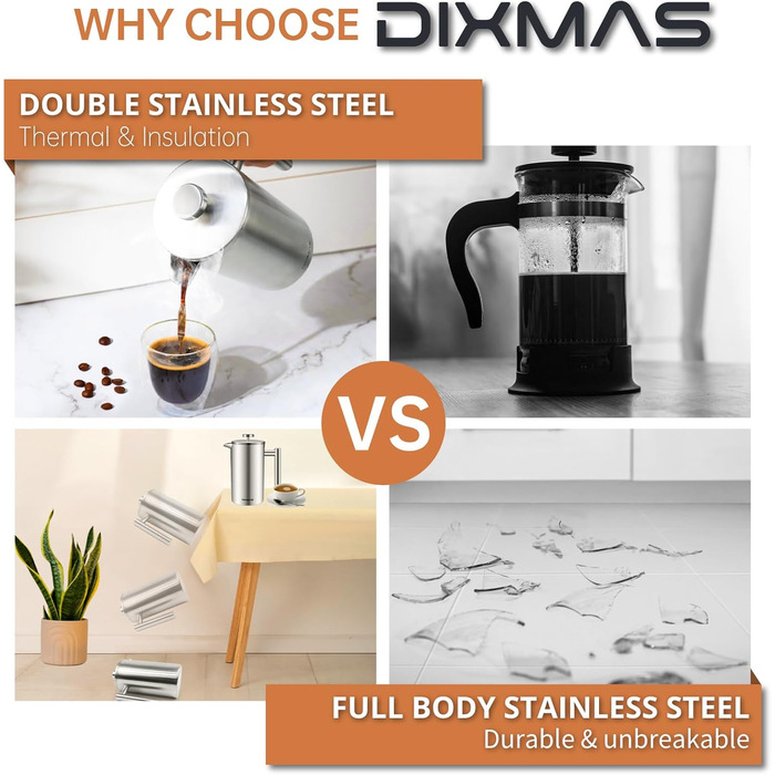 Френч-прес Dixmas для кави, нержавіюча сталь, 350 мл (2 чашки), термоізольований, двостінний