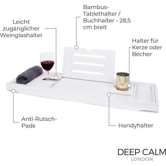 Підставка для ванни Deep Calm з бамбука - регульована, антиковзка, для книг, iPad, телефону, склянки, свічки (біла)
