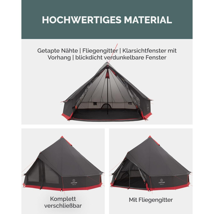 Намет Bell Tipi JUSTCAMP для сімей та груп 8 осіб, сірий - водонепроникний (3000 мм), висока стеля