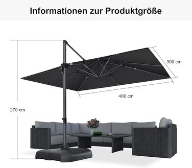 Парасолька від сонця PURPLE LEAF 300x400 см, велика підвісна парасолька-ампел з рукояткою, поворотом на 360° та хрест-підставкою для тераси та балкона, чорна