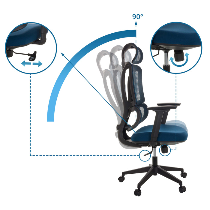 Офісне крісло / Крісло з обертанням ERGOMY, сидіння з тканини / спинка з сітчастої тканини, блакитне, mybuero