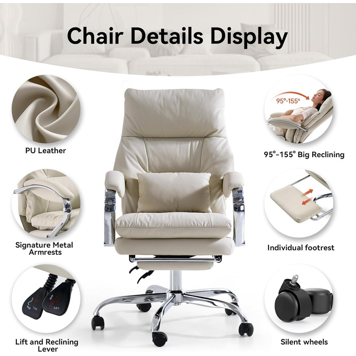 Офісний крісло EMIAH з підставкою для ніг, комфортний крісло для роботи з підлокітниками, ергономічний крісло для начальника з PU шкіри та роликами, ігровий комп'ютерний стілець з потовщеним сидінням, без функції масажу (Бежевий)