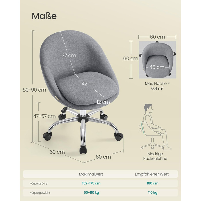 Крісло SONGMICS для офісу та дому, крісло для макіяжу, регульоване по висоті, сірий колір, тканина (OBG020G04)