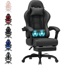 Ігровий стілець, офісний стілець з підставкою для ніг, ергономічний стілець, регульована спинка 90-135°, вантажопідйомність 150 кг, чорний