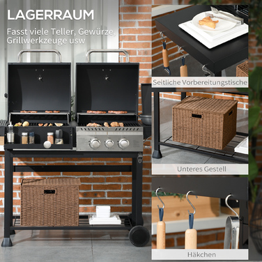 Outsunny Grillwagen Gasgrill з 2+1 пальником, термометром, 3 кВт вугільним грилем з полицею, бічною підставкою, гачками, гриль для кемпінгу зі шлангом для саду, балкону, чорний | Aosom