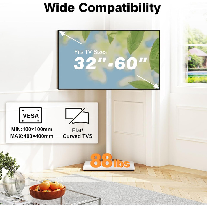 Підставка для телевізора TVON з кріпленням для плоских/вигнутих телевізорів 81-152 см (до 40 кг), регульована по висоті, з дерев'яною основою, поворотна, для спальні, білий/дерев'яна основа