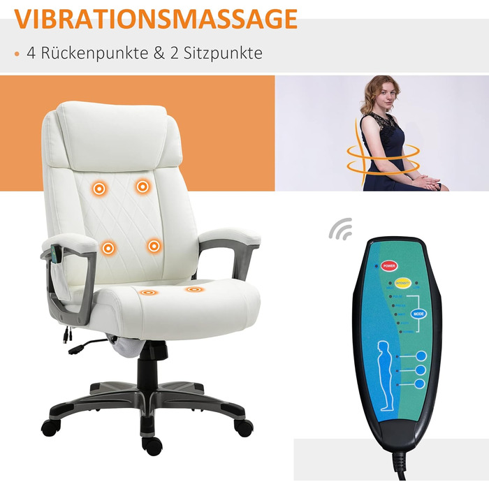 Крісло офісне з масажем Vinsetto - ергономічне, регульоване, з штучної шкіри, біле (70x76,5x114-124 см)