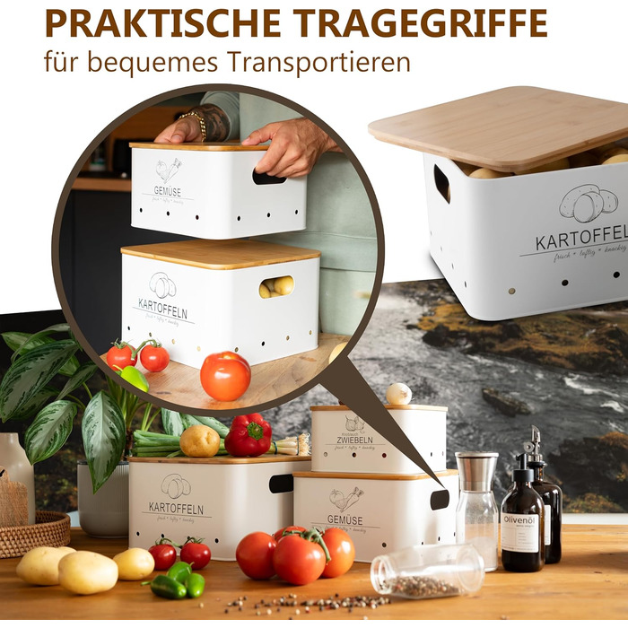 Коробки для зберігання картоплі MNKsolution (3 шт) з кришкою - для картоплі, овочів, цибулі, часнику - органайзер для кухні, контейнери для продуктів (білий)