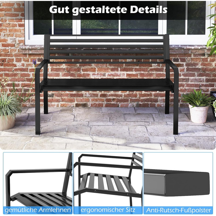 Металева лавка для саду COSTWAY: міцна, вологостійка, на 2 особи з підлокітниками та спинкою. Максимальне навантаження 300 кг. Ідеально для саду, тераси, балкону (127x56x82 см)