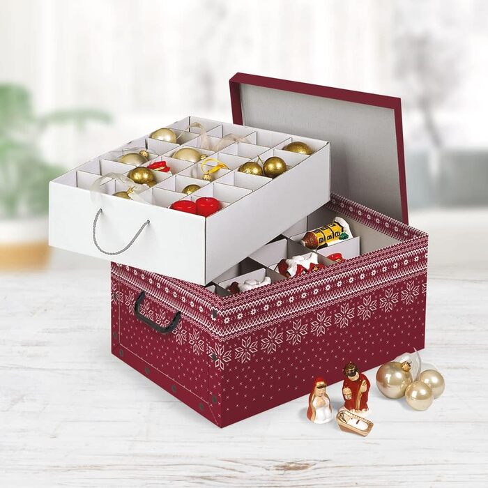 Набір декоративних коробок Kreher з картону (3 шт.) з ручками, для прикрас, 40 кульок, червоний колір, зі сніжинками, стійкий, збирається самостійно
