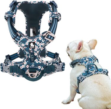 Шлейка для собак Tineer з квітковим візерунком, що не тягнеться, світловідбиваюча нейлонова регульована м'яка жилетка, тренувальна шлейка для маленьких собак середнього розміру (S груди 43-56 см, синя)