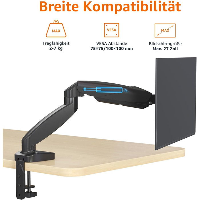 Кріплення для двох моніторів Amazon Basics, регульований газовий важіль, для моніторів до 27 дюймів, чорний (68.6 см, один кріплення для монітора)