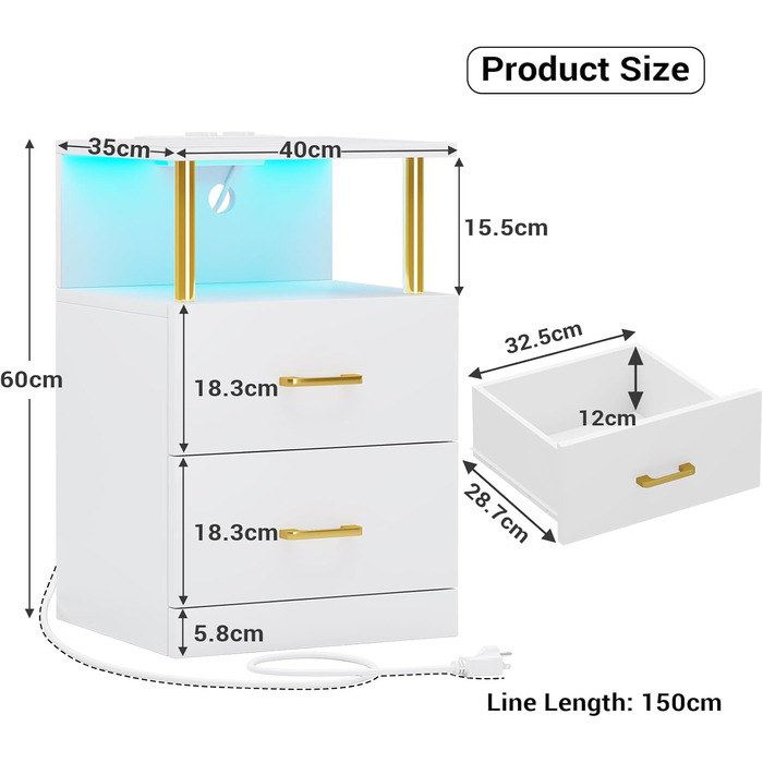 Набір з 2 тумбочок зі світлодіодом, зарядна станція, 2 ящики, розетки та USB, білий