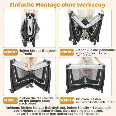 Дитяче туристичне ліжко COSTWAY 5 в 1 з матрацом, сірим кольором, до 15 кг, з пеленатором та іграшкою