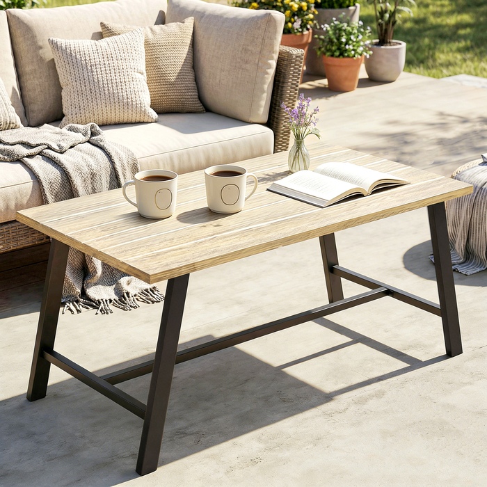 Зовнішній журнальний столик, прямокутний металевий приставний столик з імітацією дерев'яної стільниці, 100 x 55 см, Колір: Коричневий